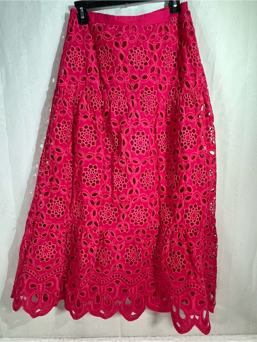 NWT Liv Los Angeles Pink Eyelet Midi Skirt Medium Boho Tiered Scallop Hem